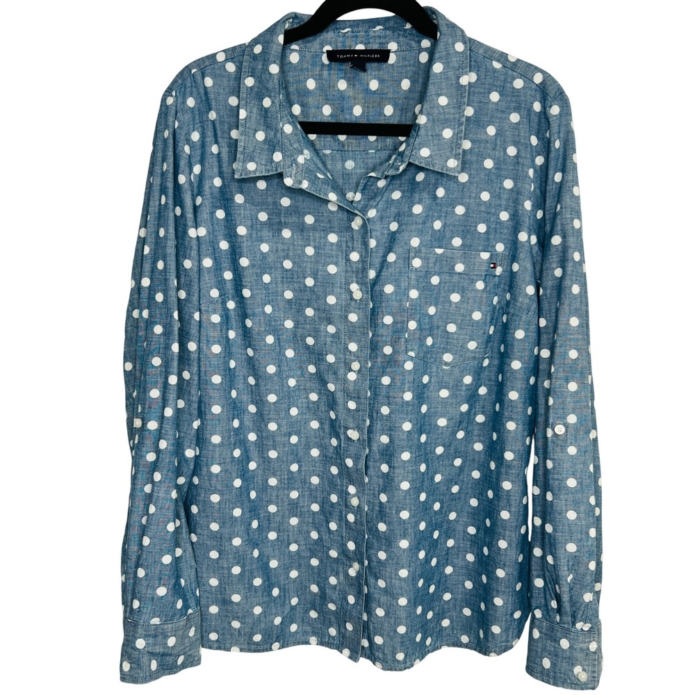 Tommy Hilfiger Button Down Shirt Womens XL Blue Polka Dot Chambray Cotton Top